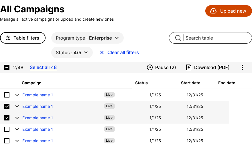 Full-featured optional data table example